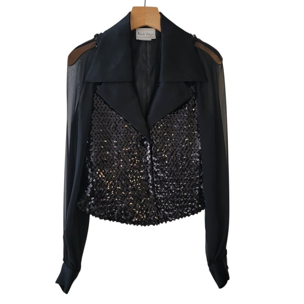 Vintage Frank Usher Sequin‎ Top Sheer Arms Tuxedo Look Top US 8 UK 12